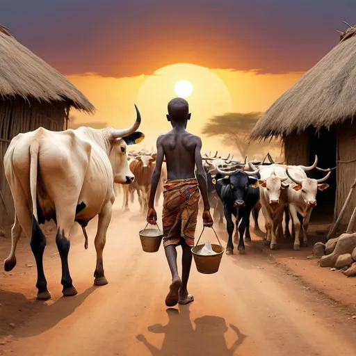 Prompt: Create a picture of an african boy taking cattle home in the evening. Include background, cultural aspects and huts and their mothers waiting for them