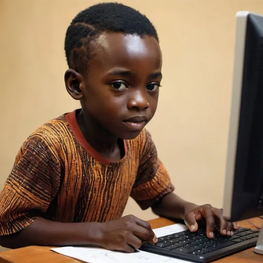 Prompt: Create an art of an african boy has mastered technology using modern computers
