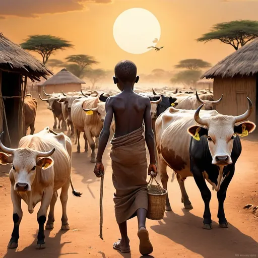 Prompt: Create a picture of an african boy taking cattle home in the evening. Include background, cultural aspects and huts and their mothers waiting for them