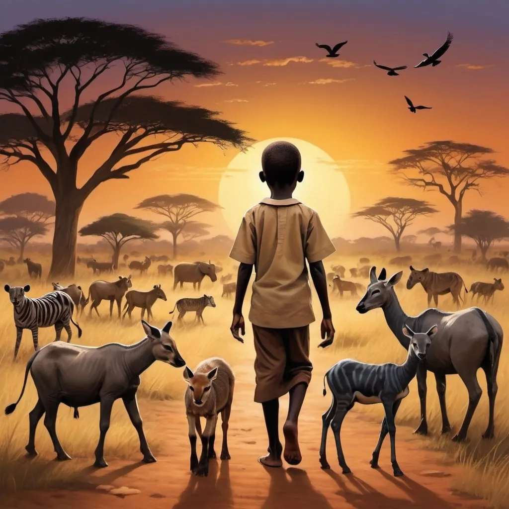 Prompt: Create a picture of an african boy taking animals home in the evening. Include background, cultural aspects 