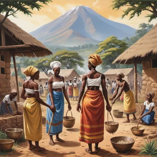 Prompt: "Journey to Ancestral Life: Illustrate the vibrant tapestry of pre-colonial African existence. Capture the essence of daily life with women engaged in traditional chores, fathers tending to ancestral duties, and children embracing both play and responsibility. Amidst the bustling scene, depict a community gathered in prayer, facing a majestic mountain, symbolizing unity, spirituality, and reverence for the land."