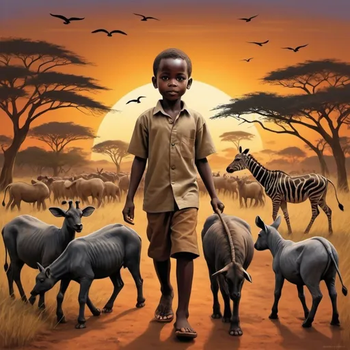 Prompt: Create a picture of an african boy taking animals home in the evening. Include background, cultural aspects 