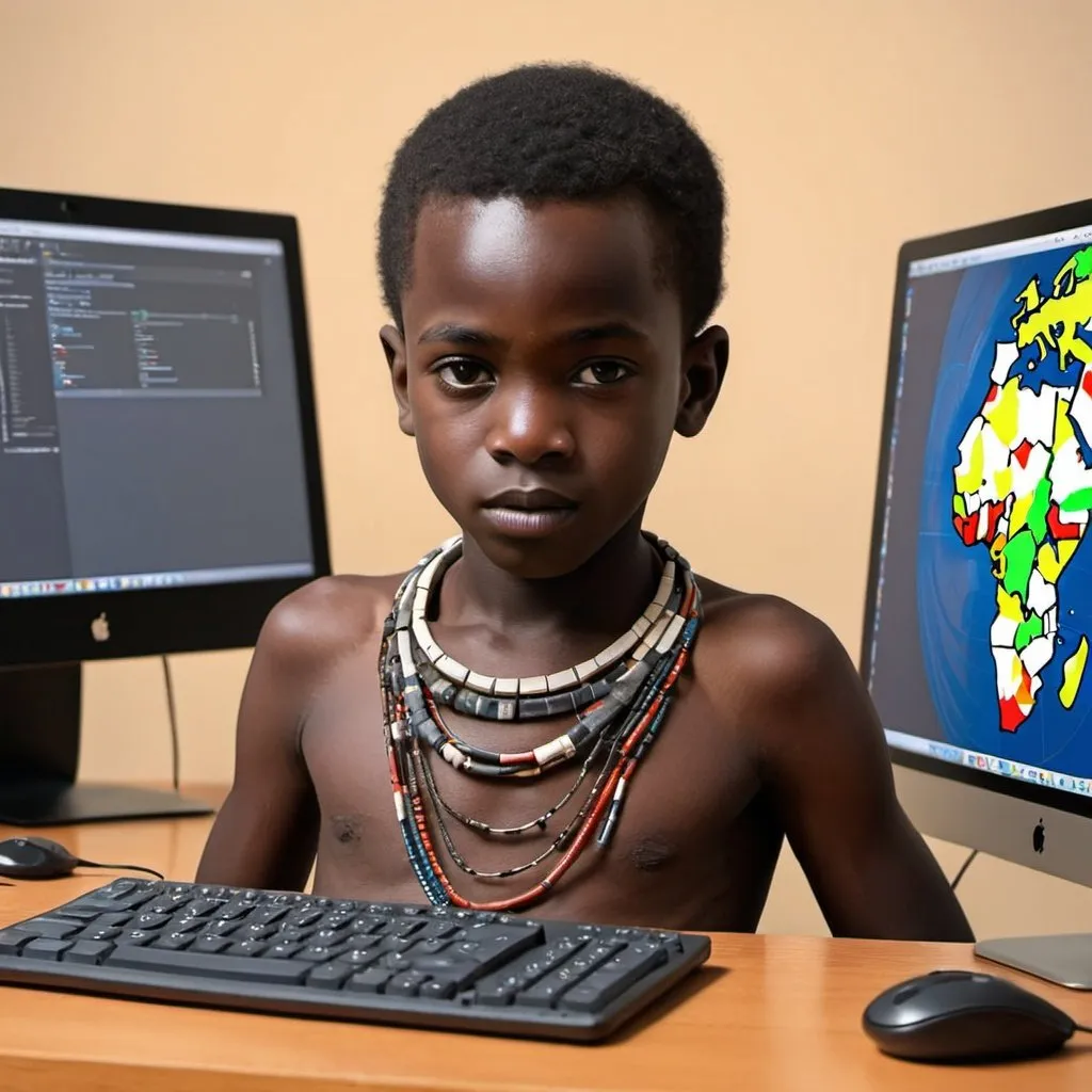 Prompt: Create an art of an african boy has mastered technology using modern computers
