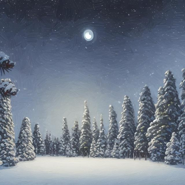 Prompt: Realistic acrylic painting of a snowy night, moonlit pine trees, serene winter landscape, detailed snow texture, peaceful atmosphere, high quality, realistic style, moonlit scene, acrylic painting, snowy setting, serene, detailed pine trees, peaceful mood, nighttime, winter landscape, moon, detailed snow, tranquil, moonlit, detailed, serene, snowy, realistic, acrylic, peaceful, tranquil, detailed snow texture, high quality