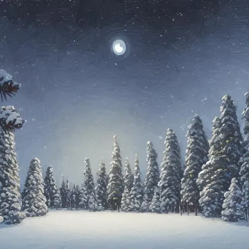 Prompt: Realistic acrylic painting of a snowy night, moonlit pine trees, serene winter landscape, detailed snow texture, peaceful atmosphere, high quality, realistic style, moonlit scene, acrylic painting, snowy setting, serene, detailed pine trees, peaceful mood, nighttime, winter landscape, moon, detailed snow, tranquil, moonlit, detailed, serene, snowy, realistic, acrylic, peaceful, tranquil, detailed snow texture, high quality