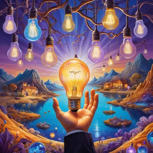 Prompt: La creatividad es convertir ideas en acciones, surreal dreamscape, light bulbs symbolizing ideas, hands reaching out to grasp the light bulbs, vibrant and dynamic colors, warm golden glows mixing with cool blue and purple hues, imaginative and energetic atmosphere, intricate details and textures, a mystical landscape in the background with floating islands and fantastical elements, ultra-detailed, 4K, high quality.