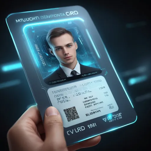 Prompt: Show a realistic close up view of a futuristic digital identification card.