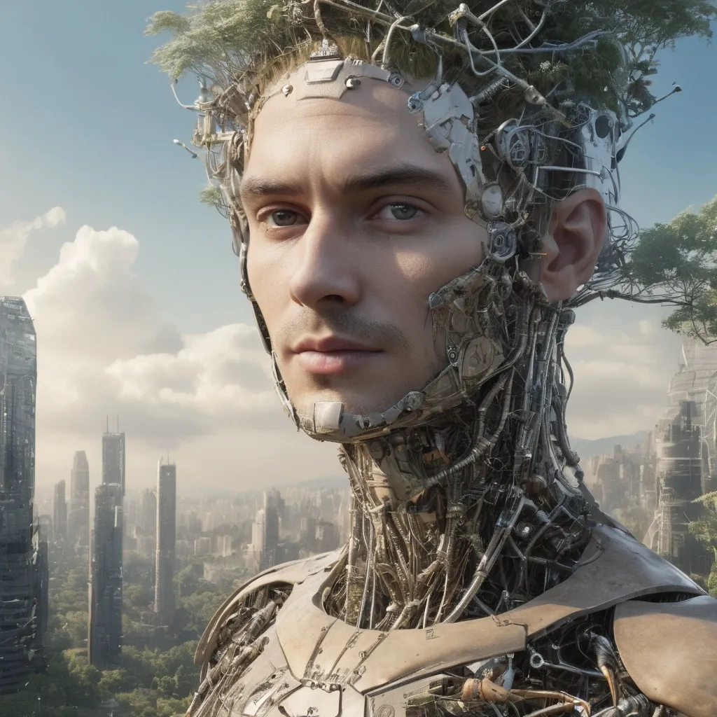 Prompt: A detailed close up view of a human utopia where man has achieved a balance with technology and the natural world.