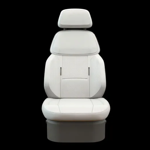 Prompt: This is a digital rendering of a modern car seat, viewed from the front. 
Redesign the bottom cushion (the seating area) to look flat, firm, and practical, 
similar to a commercial vehicle or truck seat. 
Remove all side bolsters or raised edges so the cushion surface is completely level, 
with a simple, rectangular form that looks durable and functional. 
Avoid sporty or luxury styling. 
The cushion should appear solid and hard, with minimal shaping, emphasizing utility over comfort. 
The backrest and headrest remain unchanged. 
Use plain textured fabric or matte leather material with simple stitching lines. 
The background is solid black with clear lighting to highlight the flat, commercial-style cushion.

