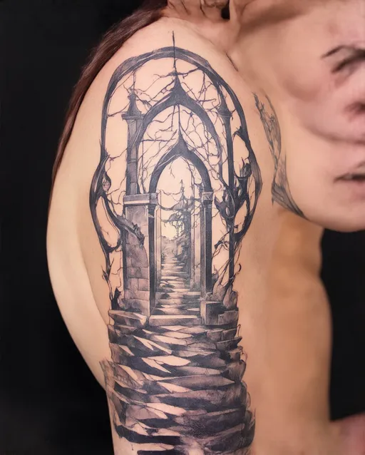 Prompt: Abstract design using whispy lines and sacred geometry. Semi-tribal design. Image is an gothic archway to cap off a sleeve tattoo at the shoulder.