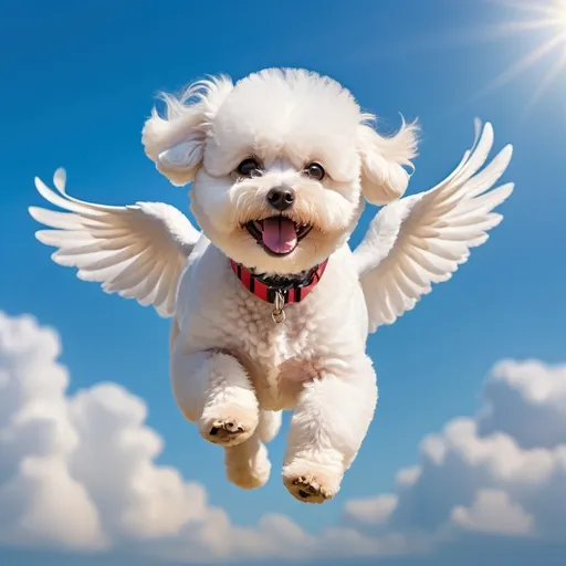 Prompt: (bichon frise dog flying with wings), fluffy and white coat, playful expression, sunlight illuminating fur, (clear sky) with soft clouds, ethereal atmosphere, vibrant blue background, warm sunlight, whimsical and cheerful mood, ultra-detailed, high definition