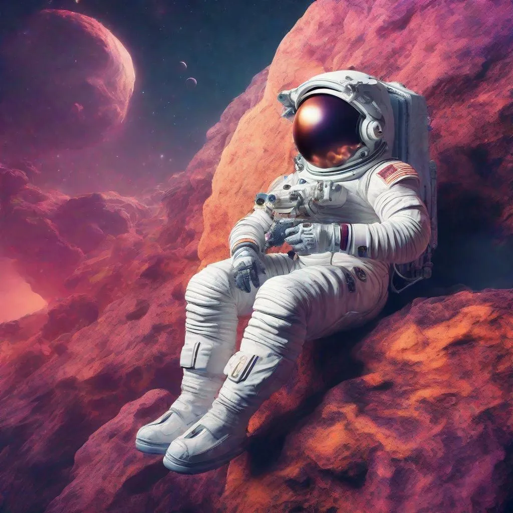 Prompt: Surrealism image of an astronaut sitting on a rock, dreamlike colors, cosmic landscape, floating elements, detailed spacesuit, mysterious atmosphere, high quality, surrealism, cosmic, dreamlike colors, detailed spacesuit, floating elements, mysterious atmosphere, professional, atmospheric lighting