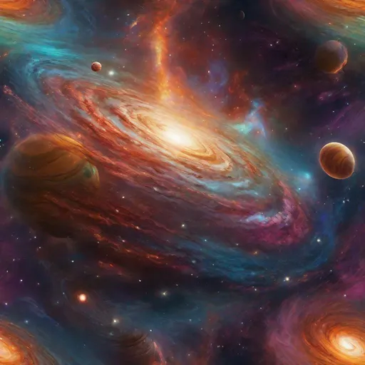 Prompt: Galactic scene with swirling nebulae, vibrant cosmic colors, majestic starscapes, detailed planets, high-quality, digital painting, cosmic, surreal, vibrant colors, swirling galaxies, stunning starscapes, otherworldly, detailed planetary surfaces, cosmic art, space art, epic, breathtaking lighting