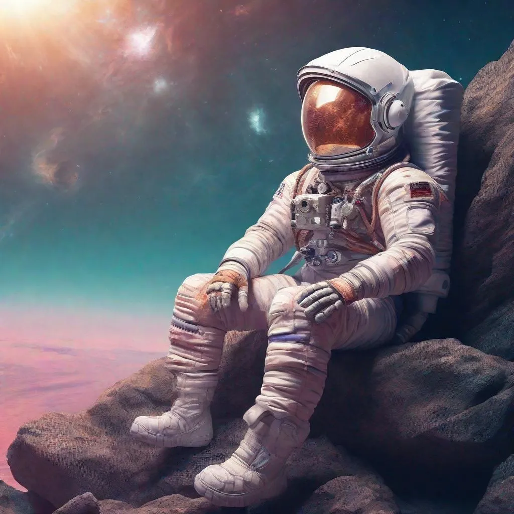 Prompt: Surrealism image of an astronaut sitting on a rock, dreamlike colors, cosmic landscape, floating elements, detailed spacesuit, mysterious atmosphere, high quality, surrealism, cosmic, dreamlike colors, detailed spacesuit, floating elements, mysterious atmosphere, professional, atmospheric lighting