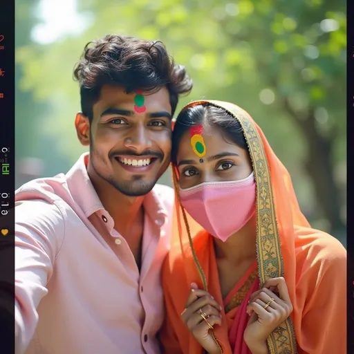 Prompt: A vibrant outdoor scene captures a young couple posing playfully for a selfie, showcasing youthful exuberance and camaraderie. The man, dressed in a light pink shirt, smiles warmly, while the woman beside him wears a traditional scarf over her hair, partially concealing her face with a mask. Their striking expressions are highlighted by colorful markings on their foreheads, hinting at a festive occasion. The background is a blur of nature, suggesting they are amidst greenery, with sunlight casting a cheerful atmosphere. The image also features a retro overlay that includes a timestamp and play indicators, adding a nostalgic touch to their joyful moment together.