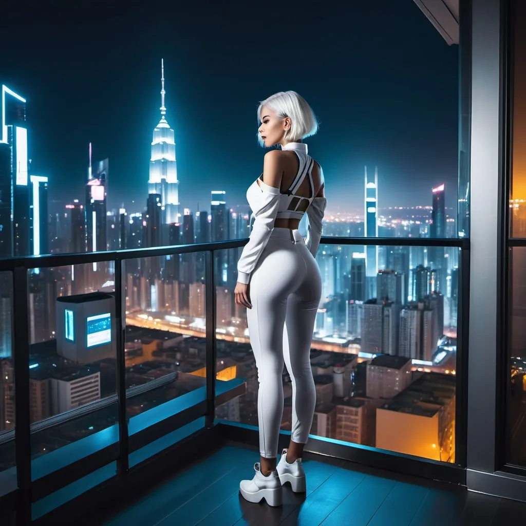 Prompt: caucasian cyberpunk woman standing on balcony with high-tech cityscape backdrop, stylish white small clothing, capturing the beauty of the night, white hair, full body photo frame, power position with legs wide open, view from behind and low level angle