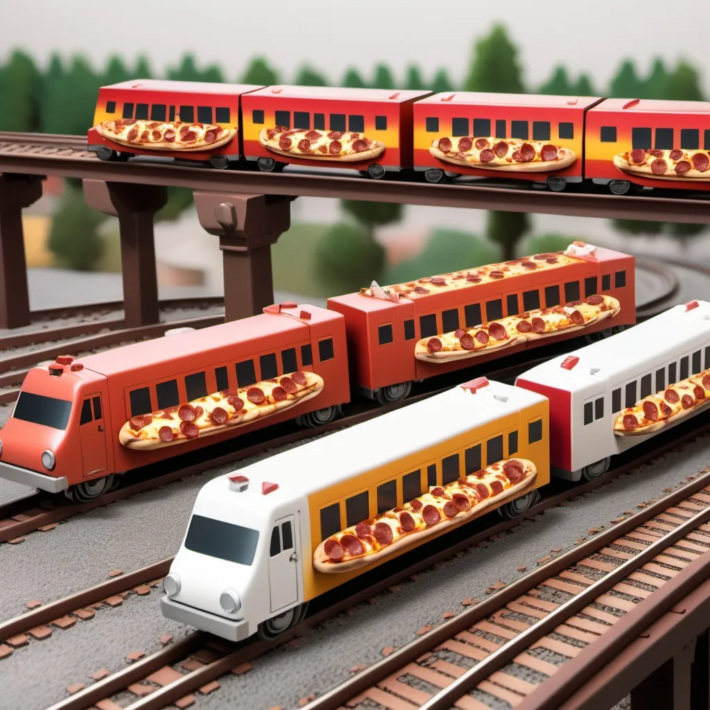 Prompt: a pizza train, running fast, where each car of the train is a slice of pizza of a different flavor