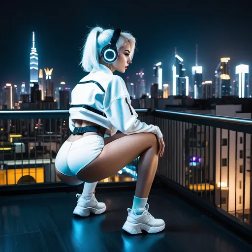 Prompt: caucasian cyberpunk woman squating on balcony with high-tech cityscape backdrop, stylish white small clothing, capturing the beauty of the night, white hair, full body photo frame, power position with legs wide open, view from behind and low level angle