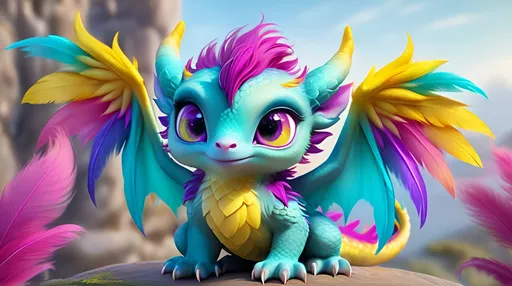 Prompt: an adorable and fluffy baby dragon with big color eyes, with soft feathers and wings, Cute, Colorful magenta aqua gradient fur, giant yellow cute beatiful detailed chibi eyes, cutie, eye contact, 8k, hdr, RAW, hyperrealistic, extremely detailed, sharp focus, natural lighting