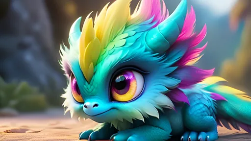 Prompt: an adorable and fluffy baby dragon with big color eyes, with soft feathers and wings, Cute, Colorful magenta aqua gradient fur, giant yellow cute beatiful detailed chibi eyes, cutie, eye contact, 8k, hdr, RAW, hyperrealistic, extremely detailed, sharp focus, natural lighting