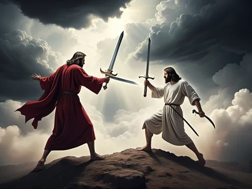 Prompt: Jesus and the devil both fighting with swords in a clouded land far from reach the battle of good and evil