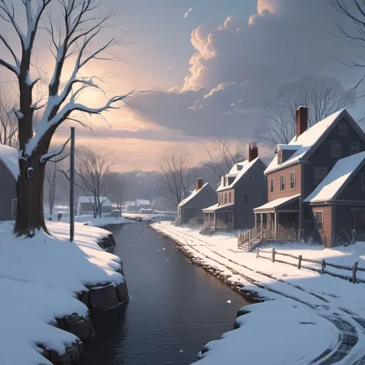 Prompt: New England in winter, by John Ward, snow, trending on artstation, concept art, fantastic illustration, 4k, high detail