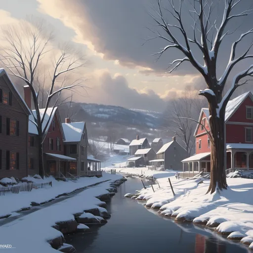 Prompt: New England in winter, by John Ward, snow, trending on artstation, concept art, fantastic illustration, 4k, high detail