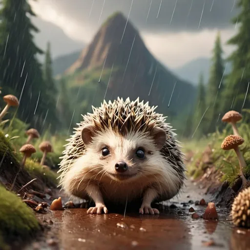 Prompt: rain of hedgehog into the forest and mountains. in pixar movie style characters.