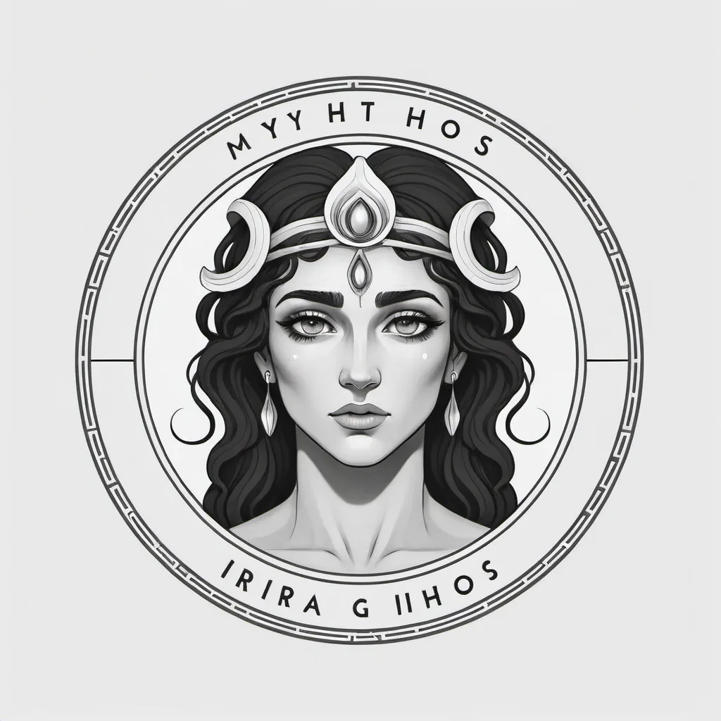 Prompt: I need a black white logo for an Instagram account with quotes.
Account name : @Iris_Mythos
I need the iris god from greek mythology. Iris, in Greek mythology, is the goddess of the rainbow and the messenger
Logo style : lines and real portrait 
Mood: Mystical

Logo style in a circle 