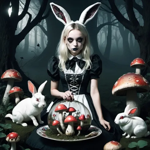 Prompt: trippy beautiful goth adult Alice in wonderland in a dark horror style with a rabbit and mushrooms
