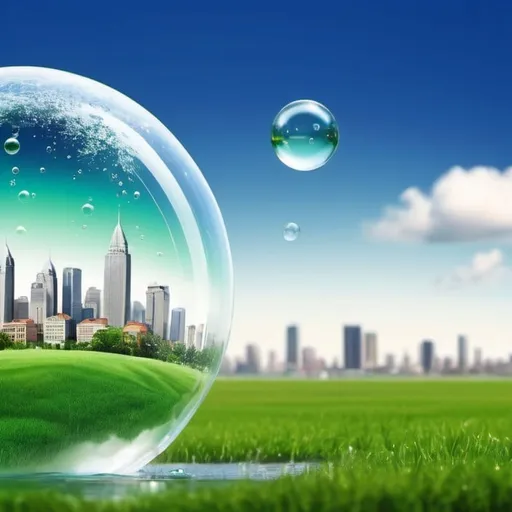 Prompt: a city in a middle of a green field, with soap bubble flying around, an earth model made of glass full of water leaking