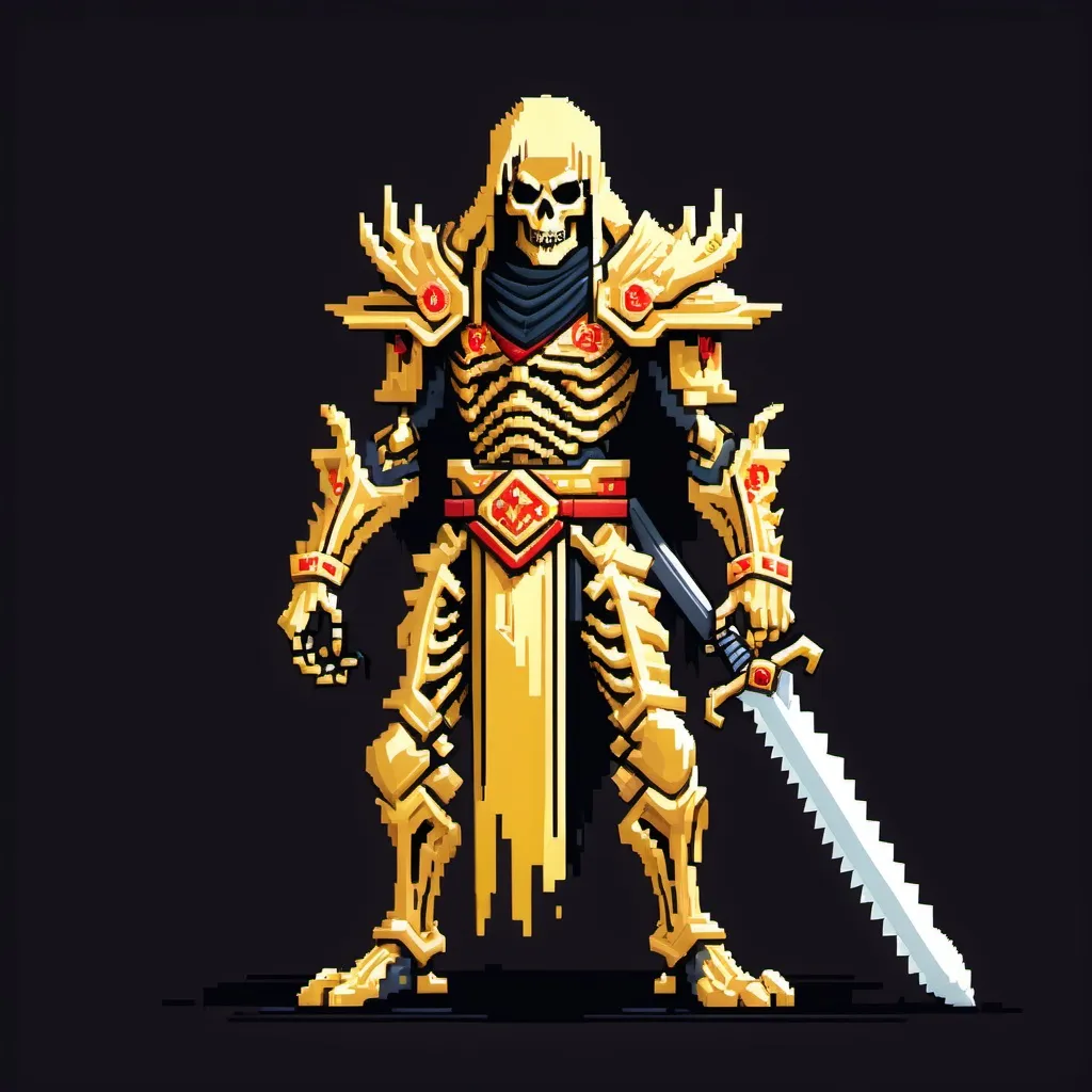 Prompt: golden undead with a legendary sword in 8bit style hunan height