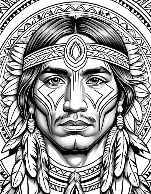 Prompt: Beautiful, contemplated Native American man mandala from a coloring book, featuring a beautiful, contemplated Native American man, black and white, thick lines, mandala style, perfect lines, perfect drawing, large white spaces, white background, high quality --no shadow, frame, book, shade