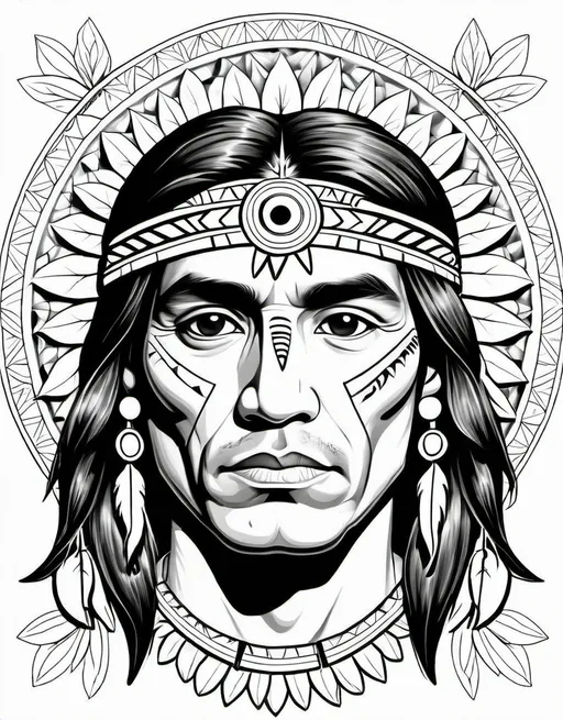 Prompt: Beautiful, contemplated Native American man mandala from a coloring book, featuring a beautiful, contemplated Native American man, black and white, thick lines, mandala style, perfect lines, perfect drawing, large white spaces, white background, high quality --no shadow, frame, book, shade
