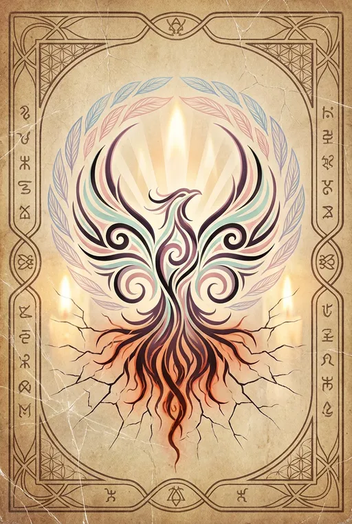 Prompt: A symbolic oracle card back design featuring a central phoenix sigil formed from four integrated elements: subtle embers at the base (fire), fine cracked lines radiating outward (fracture), soft upward light rays (rise), and feather-like arcs forming a circular flight pattern (expansion), perfectly balanced and symmetrical, parchment beige background with deep plum and soft black contrast, pastel teal and blush pink accents woven delicately through the design, faint cracked glass texture beneath vintage paper grain, candlelight glow from the center outward, tarot-style ornamental frame, sacred geometry balance, timeless and reversible oracle card back aesthetic, calm, grounded, ceremonial, premium deck feel ethereal yet grounded oracle card illustration, cinematic soft lighting, parchment beige base with deep plum shadows, soft black contrast, pastel teal and blush pink accents, vintage paper texture, subtle cracked glass overlay, candlelight glow, feminine presence without objectification, sacred and intimate mood, tarot-style card frame, empowerment sigil, minimal clutter, symbolic realism, emotionally resonant, premium oracle deck aesthetic
--ar 2:3