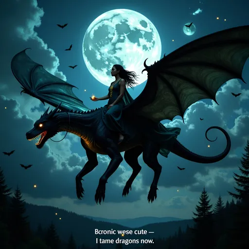 Prompt: Tarot card — a dramatic night sky with a full glowing blue-white moon, casting light over a silhouetted witch in flight on a massive dragon. Her long cloak and hair whip wildly in the wind as the dragon’s wings cut through the clouds. Her posture is relaxed, confident — not clinging, but commanding. Below, a shadowy forest stretches endlessly. Around her: bats, smoke trails, and sparkles of magic swirl. The dragon’s scales shimmer in metallic black and emerald. A golden sigil glows faintly on her chest. The moon crowns her in silver light. Text at the bottom: “Brooms were cute - I tame dragons now”