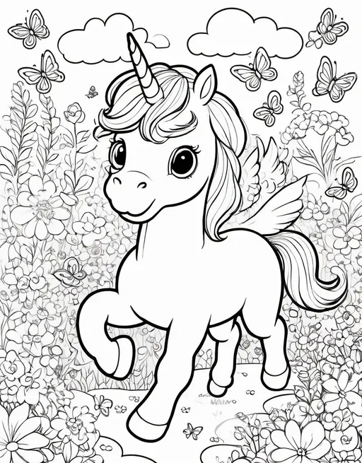 Prompt: “Happy unicorn running through a garden with butterflies and flowers, black-and-white outline, clean simple lines, for toddlers coloring book, KDP format”









