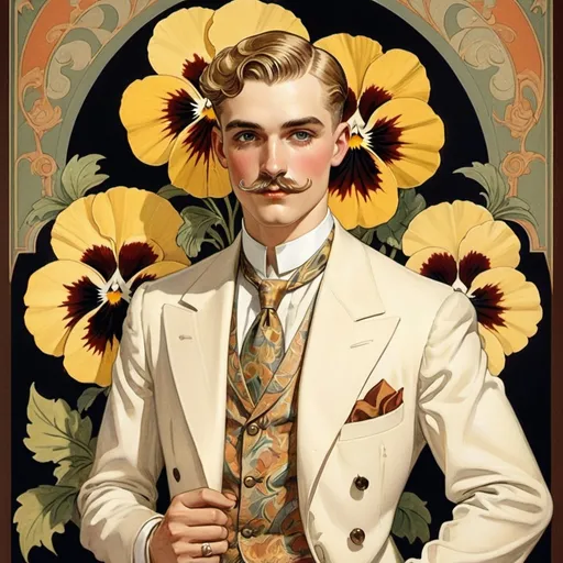 Prompt: 1920s Pansy Craze era, full-color illustration, gay man, blonde, very thin parted mustache, full figure, ornate background, detailed facial features, vintage style, vibrant colors, intricate patterns, professional art quality, detailed clothing, historical, art deco gay bar, 1920s fashion j. c. leyendecker style drawing, elegant pose, professional lighting