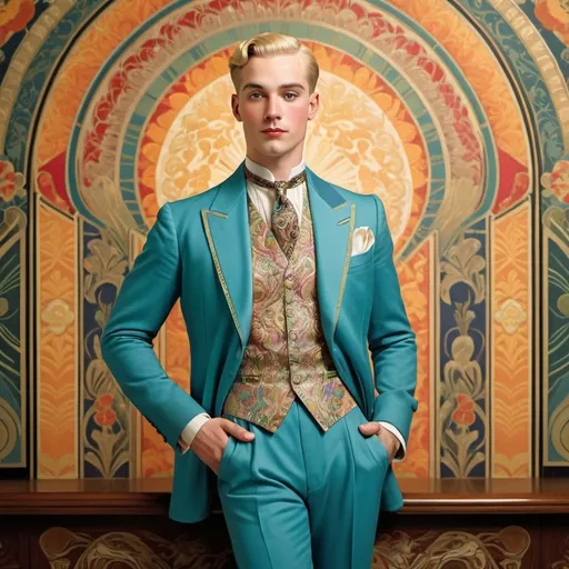 Prompt: 1920's era, full-color illustration, gay man, blonde, full figure, ornate background, detailed facial features, vintage style, vibrant colors, intricate patterns, professional art quality, detailed clothing, historical, art deco, 1920s fashion, elegant pose, professional lighting
