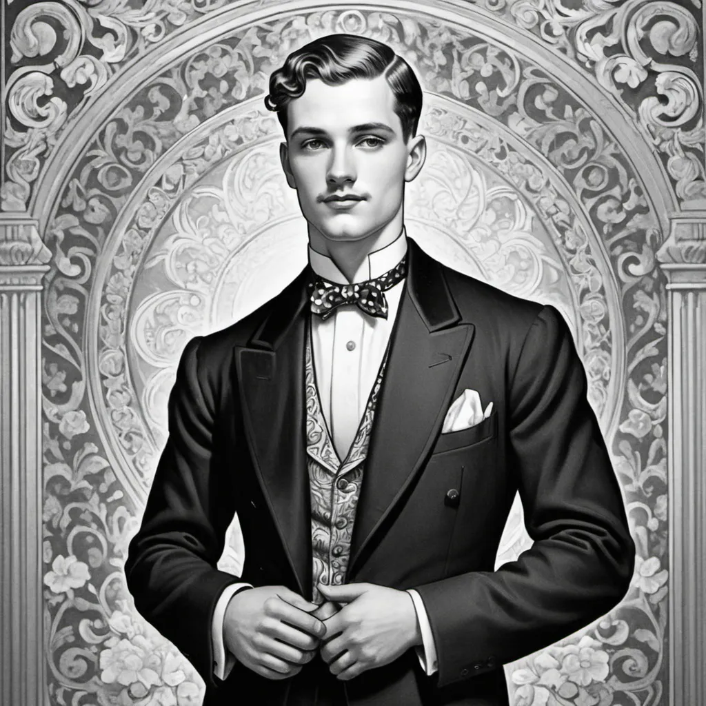 Prompt: 1920's era black and white coloring book illustration of a gay man, full figure, looking away from us ornate background. 