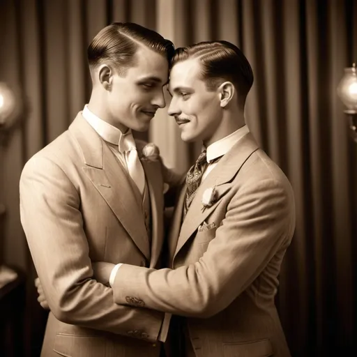 Prompt: 1920's gay couple, vintage sepia tones, romantic dancing, retro fashion, detailed facial features, classic suits, atmospheric lighting, high quality, vintage, sepia tones, romantic, detailed facial features, retro fashion, classic suits, atmospheric lighting, dance, love, 1920s, historical, professional, detailed