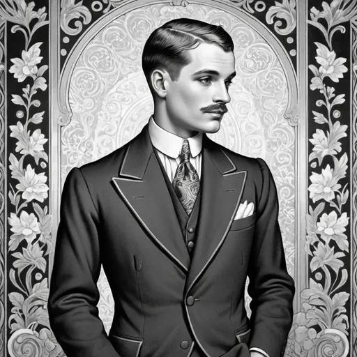 Prompt: 1920's era black and white coloring book illustration of a gay man, full figure, looking away from us ornate background. 