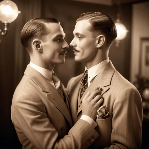 Prompt: 1920's gay couple, vintage sepia tones, romantic dancing, retro fashion, detailed facial features, classic suits, atmospheric lighting, high quality, vintage, sepia tones, romantic, detailed facial features, retro fashion, classic suits, atmospheric lighting, dance, love, 1920s, historical, professional, detailed