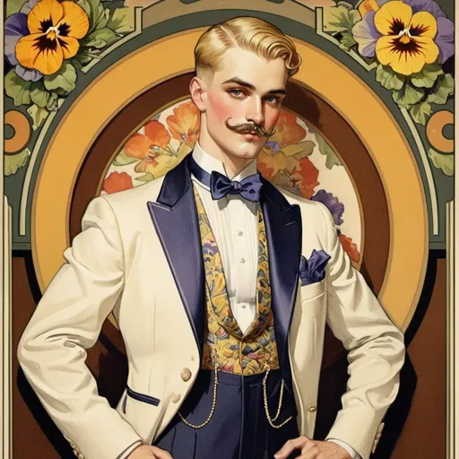 Prompt: 1920s Pansy Craze era, full-color illustration, gay man, blonde, very thin parted mustache, full figure, ornate background, detailed facial features, vintage style, vibrant colors, intricate patterns, professional art quality, detailed clothing, historical, art deco gay bar, 1920s fashion j. c. leyendecker style drawing, elegant pose, professional lighting