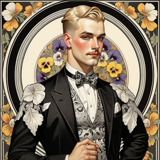 Prompt: 1920s Pansy Craze era, black and white coloring book style  illustration, gay man, blonde, full figure, ornate background, detailed facial features, vintage style, vibrant colors, intricate patterns, professional art quality, detailed clothing, historical, art deco gay bar, 1920s fashion j. c. leyendecker style drawing, elegant pose, professional lighting