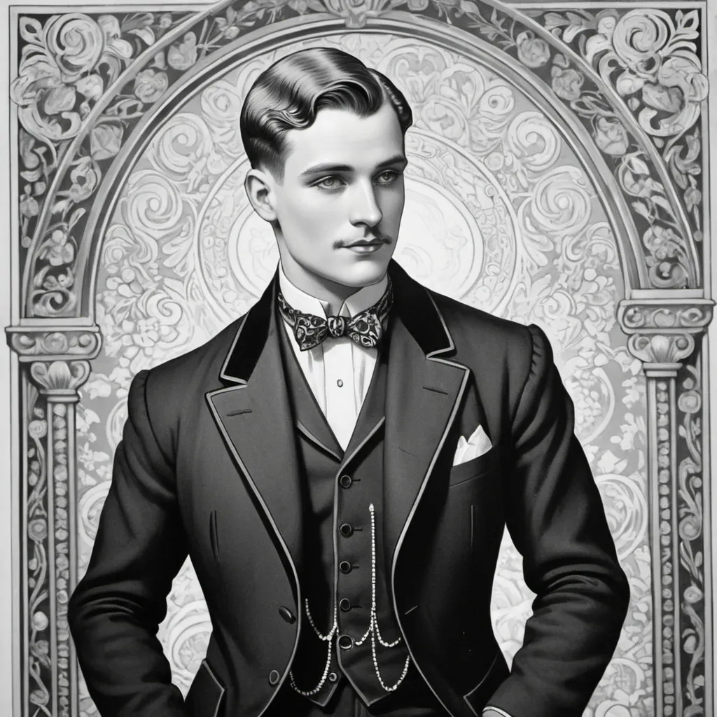 Prompt: 1920's era black and white coloring book illustration of a gay man, full figure, looking away from us ornate background. 