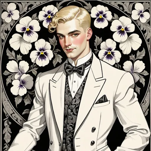 Prompt: 1920s Pansy Craze era, black and white coloring book style  illustration, gay man, blonde, full figure, ornate background, detailed facial features, vintage style, vibrant colors, intricate patterns, professional art quality, detailed clothing, historical, art deco gay bar, 1920s fashion j. c. leyendecker style drawing, elegant pose, professional lighting