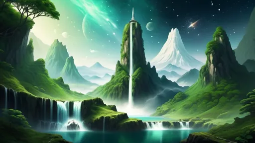 Prompt: High quality
Outerspace
Galaxy
Green
Starship
A waterfall
Mountain
Remnant of a civilization 
Mysterious 
photorealistic