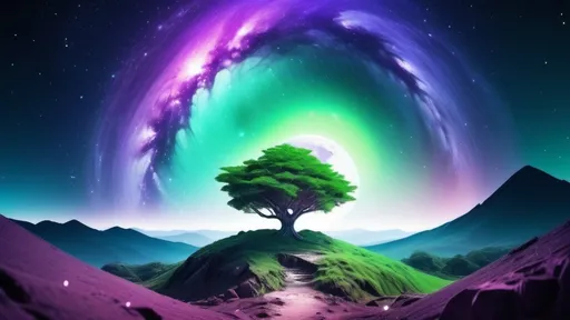 Prompt: Green
Green, purple, blue galaxy and white shining stars as background
Futuristic and chrome object in the center
Ocean
Mountain, trench
Tree
