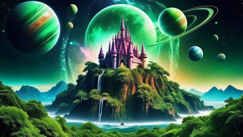 Prompt: Green
Colorful galaxy and planets as background
Futuristic castle in the center
Ocean
Mountain, trench
Tree
